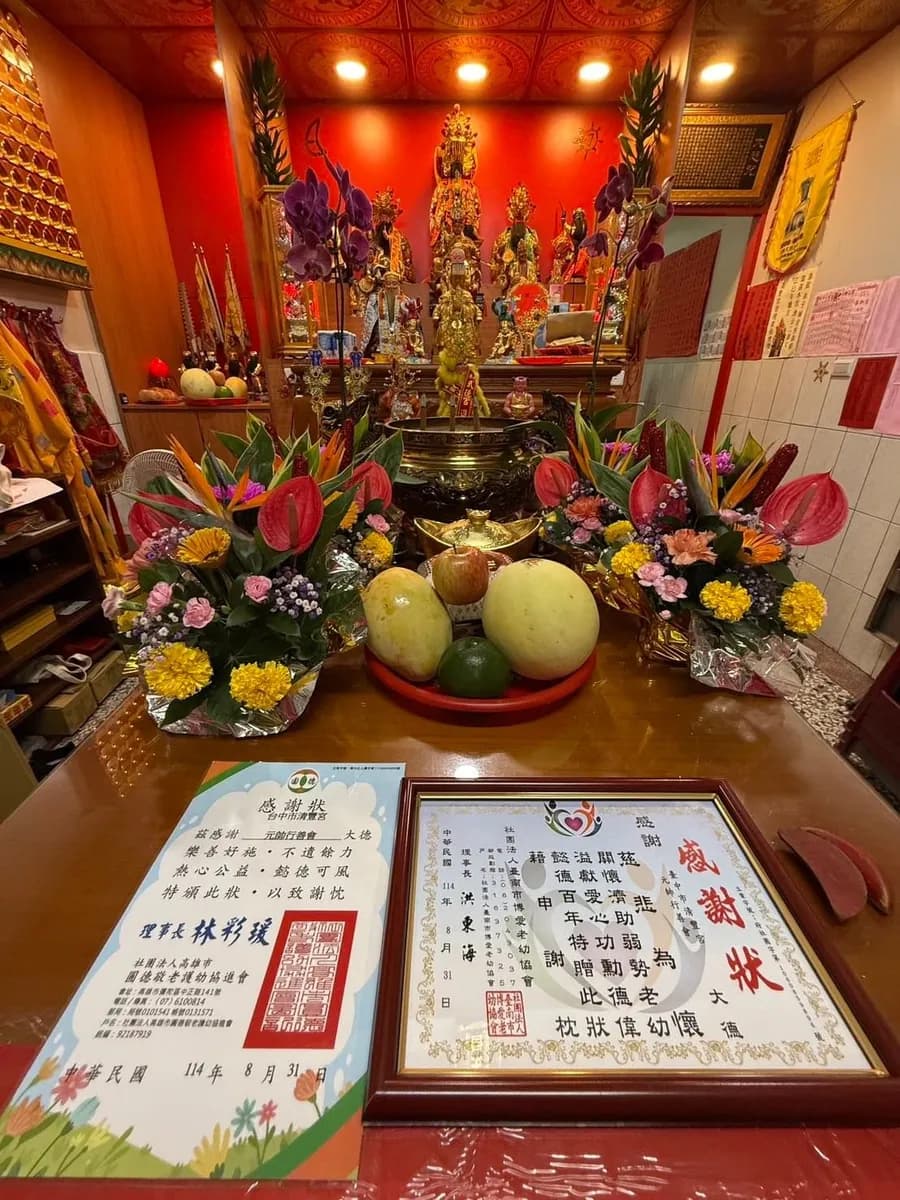 受贈單位感謝狀敬呈於清豐宮神前
